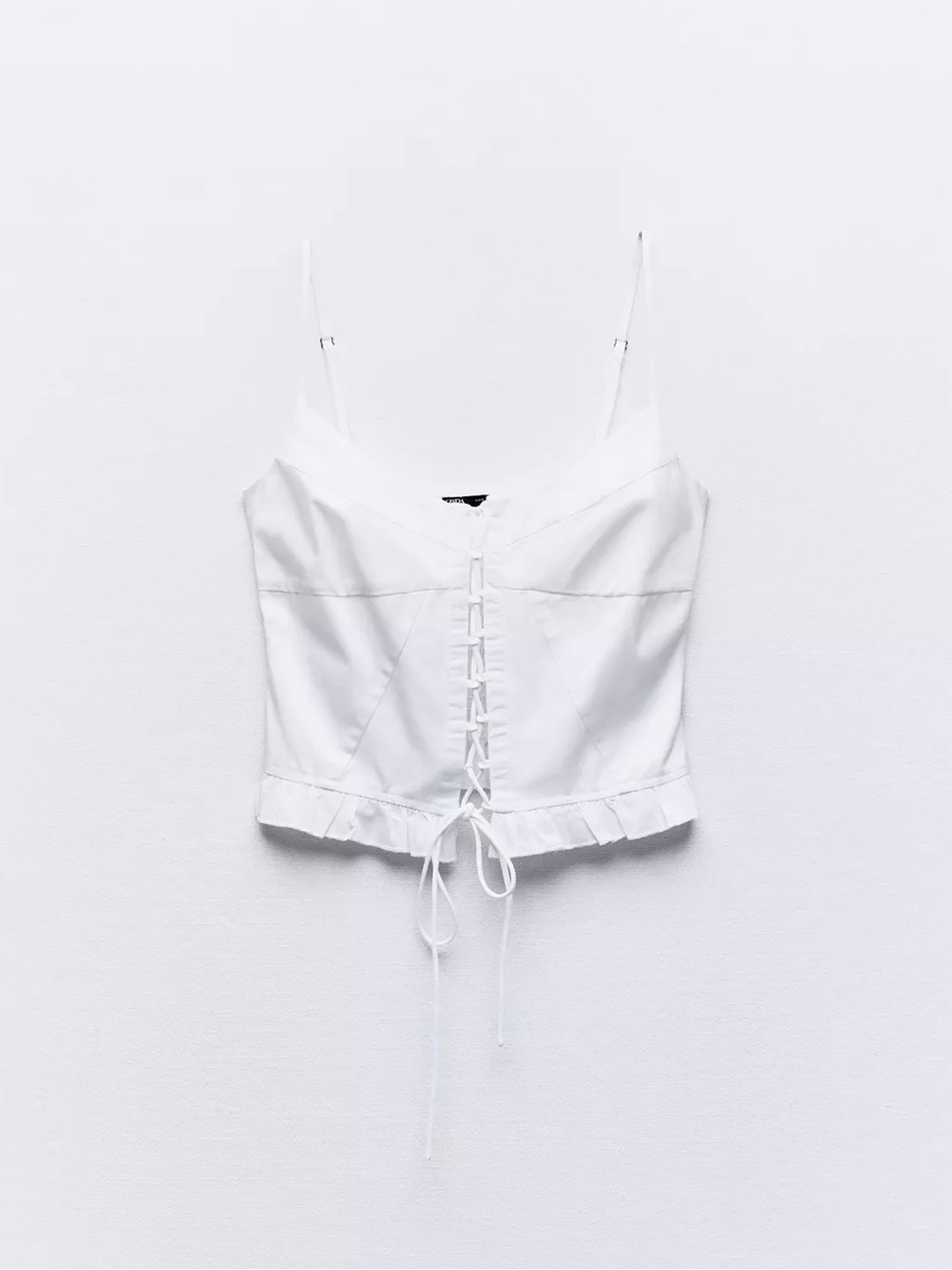 Zara White Lace-Up Ruffle Hem Cami